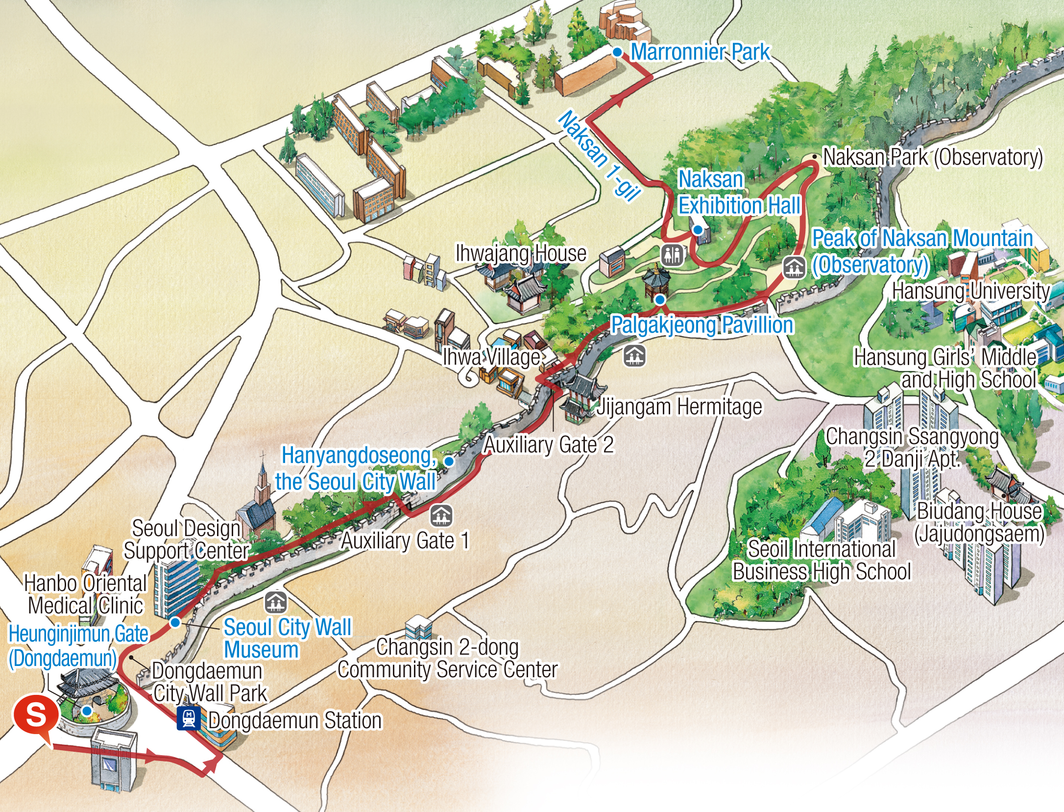 Route: Heunginjimun - Seoul City Wall Museum - Palgakjeong(Hongdeogi Field) - The top of Naksan(observatory) - Naksan Exhibition Hall - Naksan 1-gil - Marronnier Park