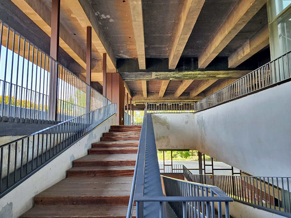 Concrete beams stretch the length of the ceiling above a straight line of wooden stairs