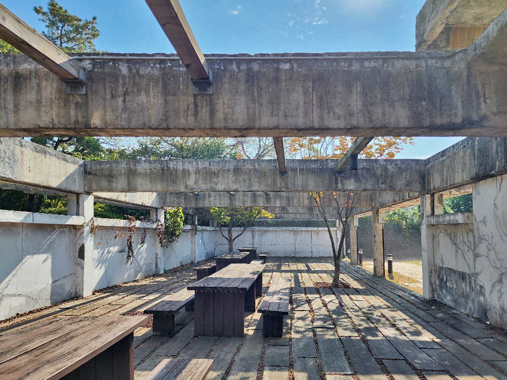 A view of the outdoor area where tables are placed around trees shooting through the open lattice ceiling