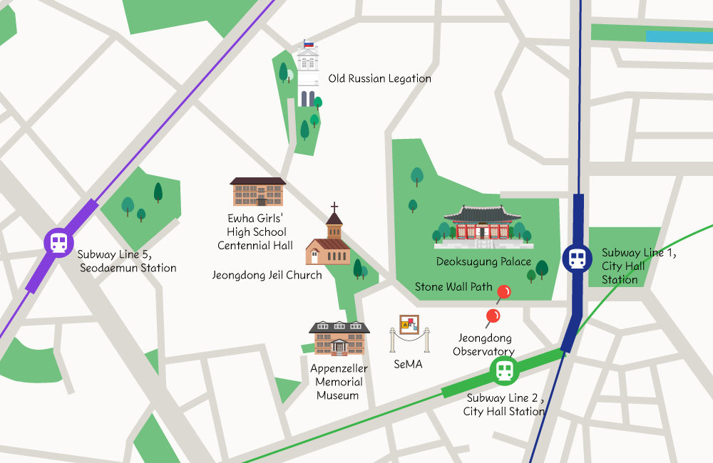 Old Russian Legation / Subway Line 5, Seodaemun Station / Ewha Girl's High School Centennial Hall / Jeongdong Jeil Church / Deoksugung Palace / Stone Wall Path / Subway Line 1, City Hall Station / Appenzeller Memorial Museum / SeMA / Jeongdong Observatory / Subway Line 2, City Hall Station