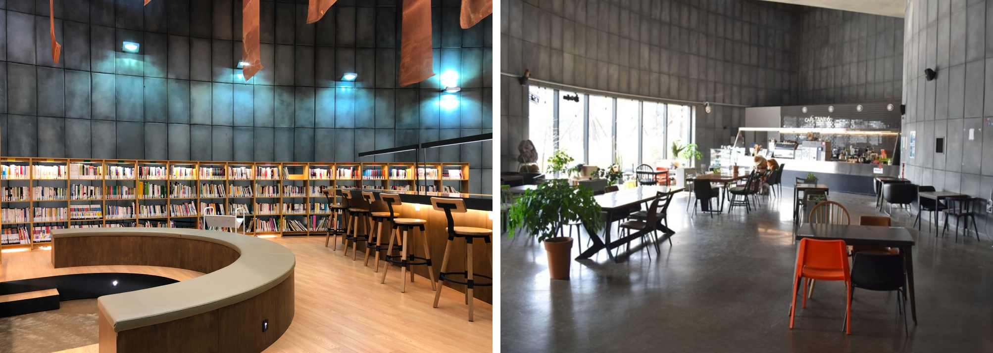 First Photo: Oil Tank Culture Park Interior View, Second Photo: Cafeteria View