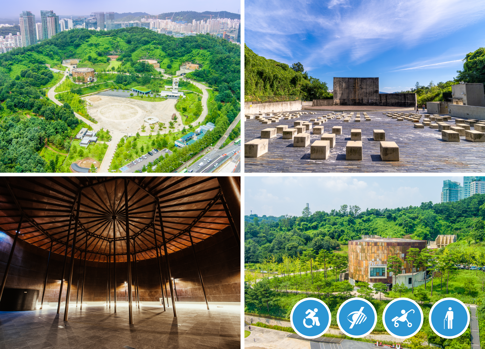 Top left: Oil Tank Culture Park Exterior View, Top right: Exhibition Facility, Bottom Left: Interior View, Bottom Right: Information exchange center