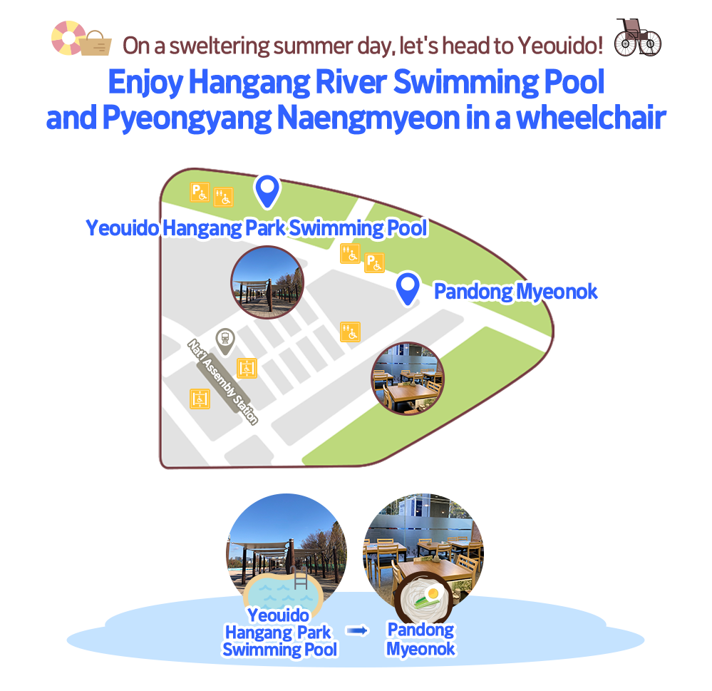 Escape to Yeouido during the hot summer! Enjoy the Han River swimming pool and Pyongyang naengmyeon while riding in a wheelchair. br Yeouido Hangang Park Swimming Pool → Pandongmyeonok