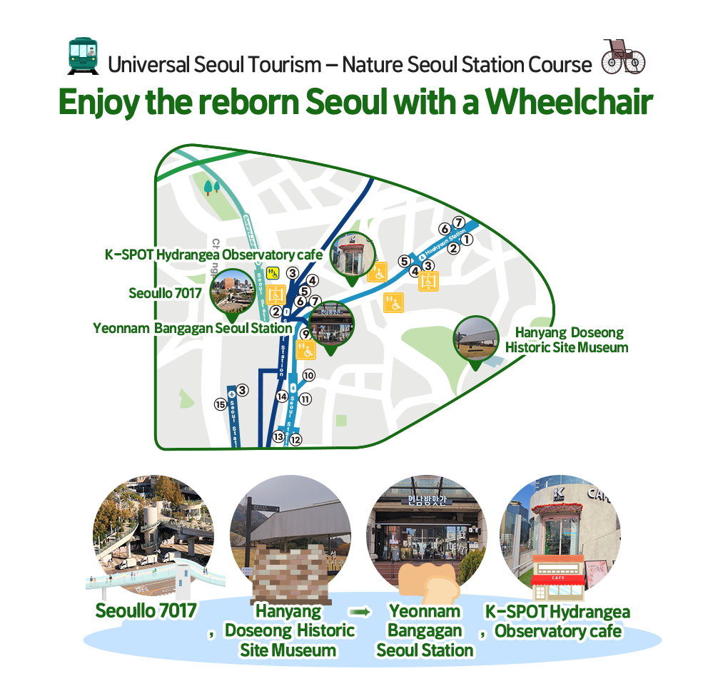Nature Seoul Station Course-Enjoy the reborn Seoul with a Wheelchair Seoullo, Hanyang Doseong Historic Site Museum - K-SPOT cafe, Yeonnam Bangagan Seoul Station