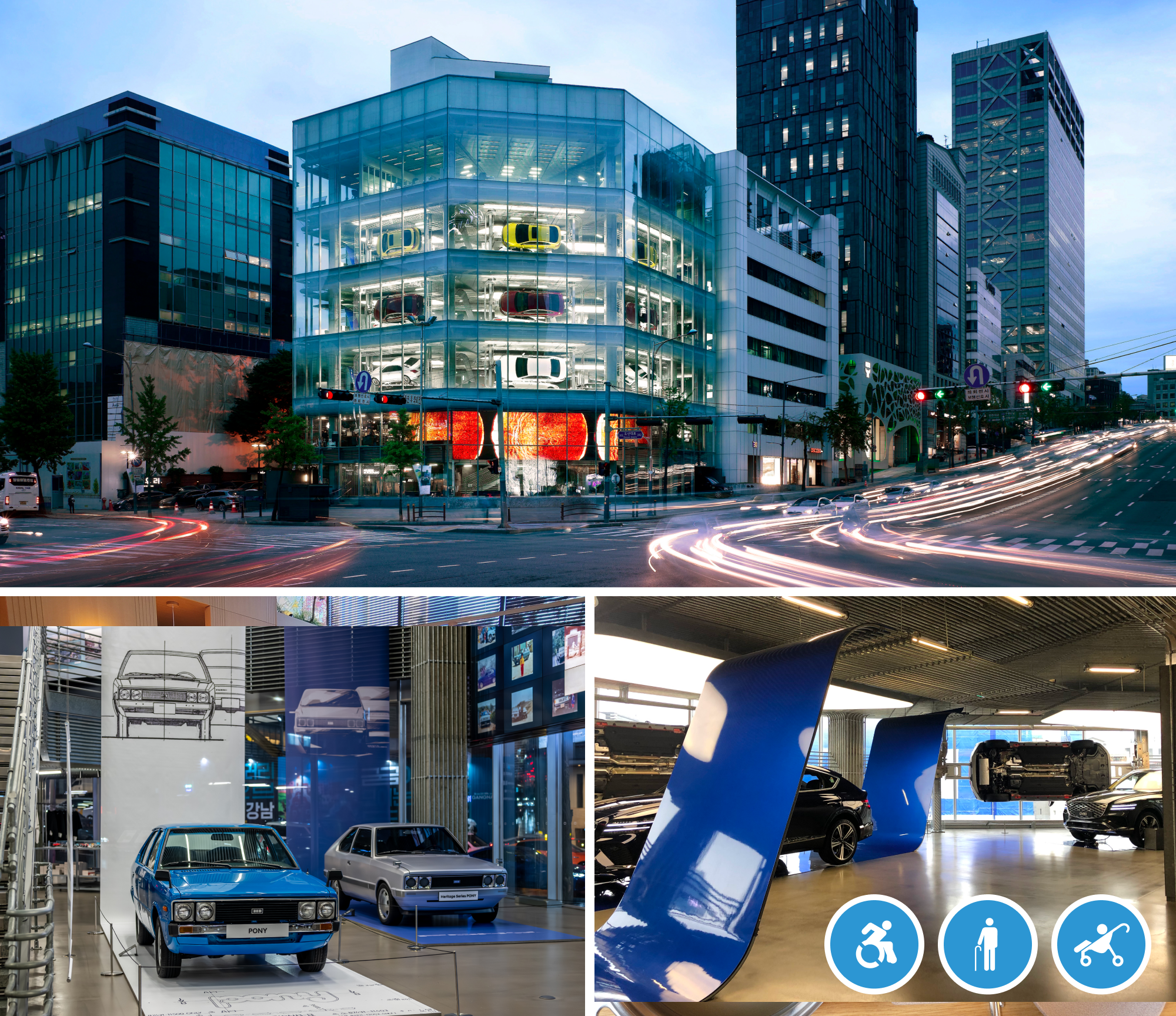 Top: Hyundai Motorstudio Exterior View, Bottom Left: Cars on display inside Hyundai Motorstudio, Bottom Right: Cars on display inside Hyundai Motorstudio