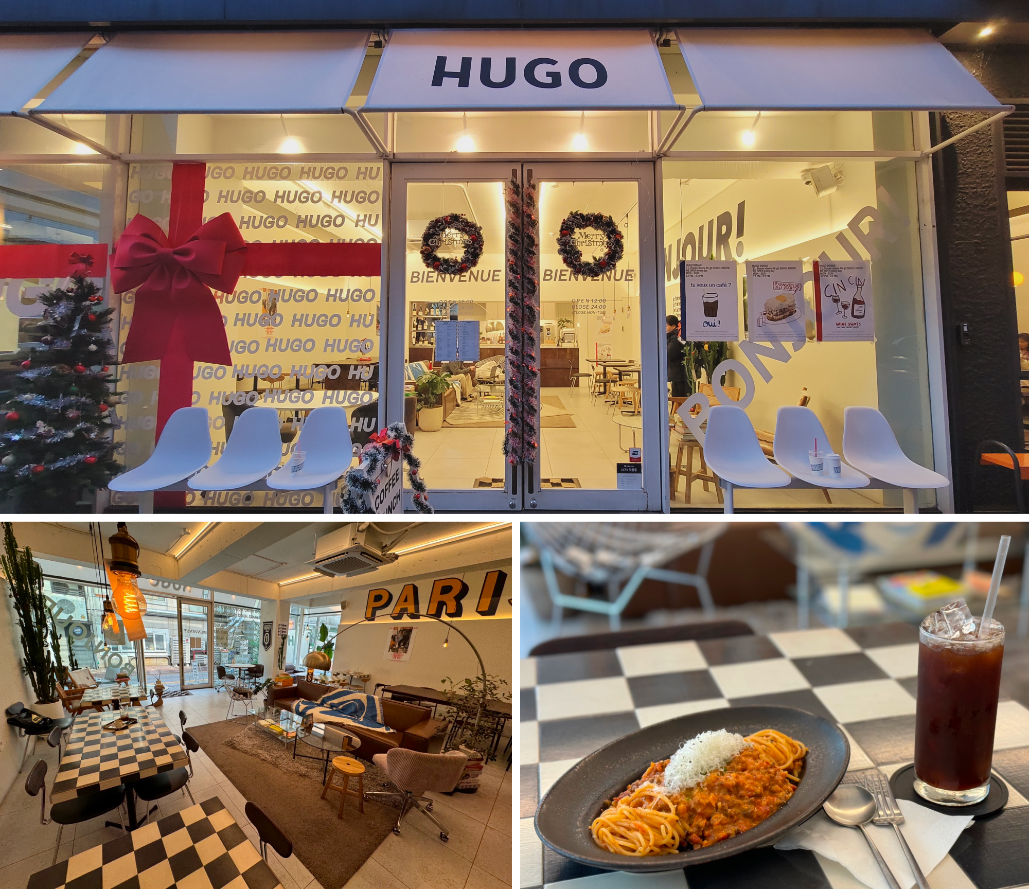 Top: Hugo Dosan Exterior View, Bottom Left: Hugo Dosan Interior View, Bottom Right: The Signature Menu of Hugo Dosan, Bourgogne Bolognese and Americano