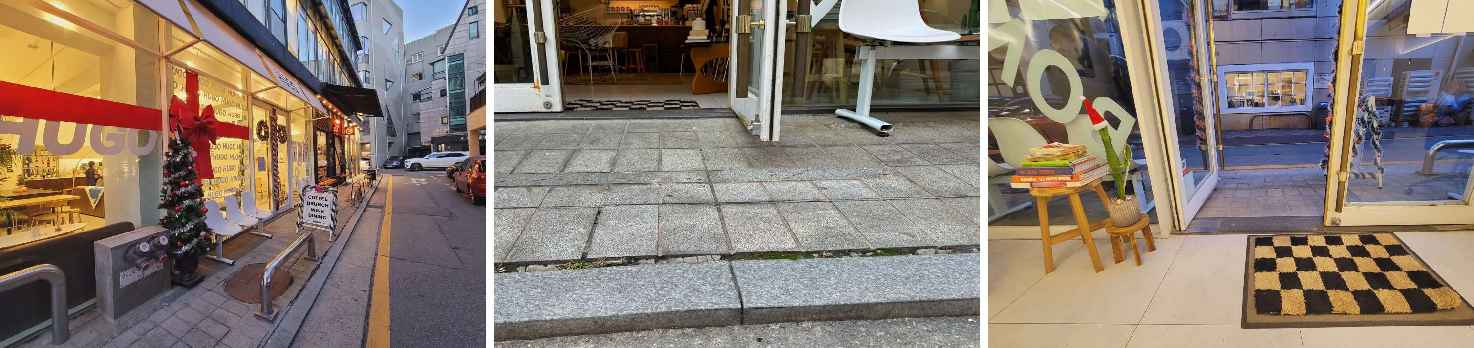 Left: Slope-free accessible way, Middle: Main Entrance with a step, Right: Main Entrance Interior View