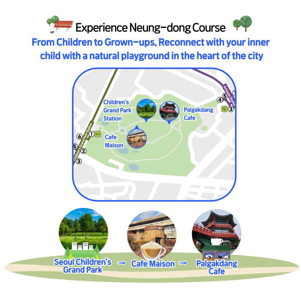 Experience Neung-dong Course, From Children to Grown-ups, Reconnect with your inner child with a natural playground in the heart of the city Seoul Children’s Grand Park→Cafe Maison→Palgakdang Cafe