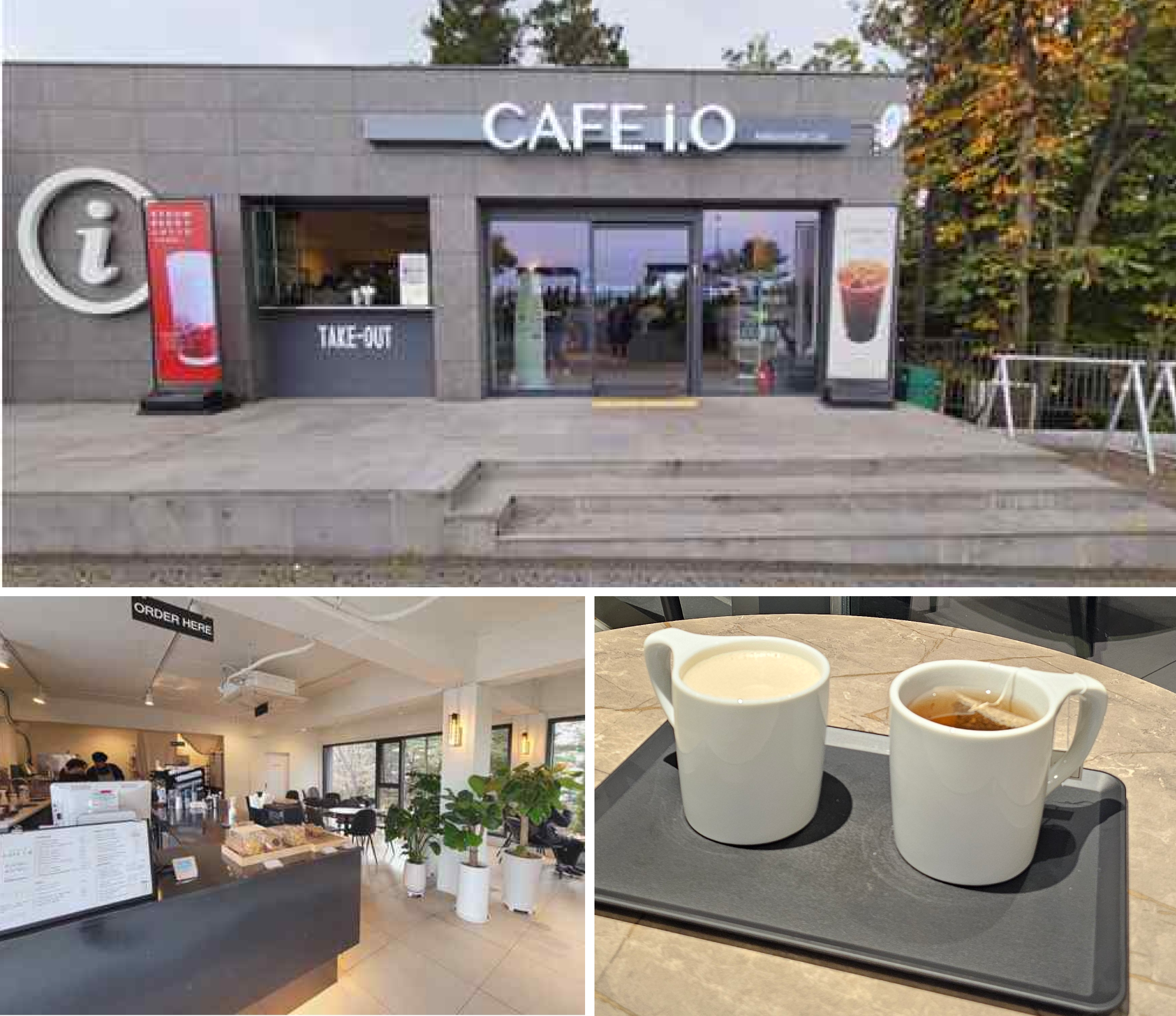 Top: Cafe I.O Exterior View, Bottom Left: Cafe I.O Interior View, Bottom Right: Cafe I.O Coffee/Tea Menu