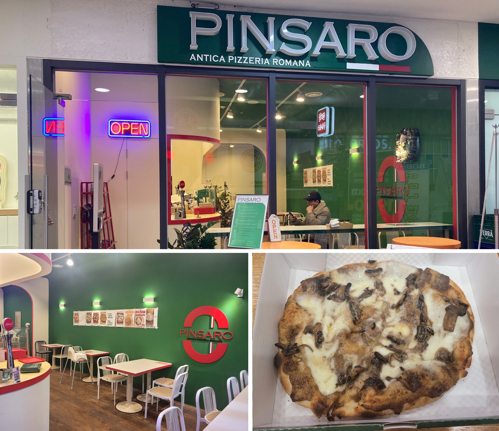Top: Pinsaro Exterior View, Bottom Left: Pinsaro Interior View, Bottom Right: Pinsaro oven-baked pizza single menu