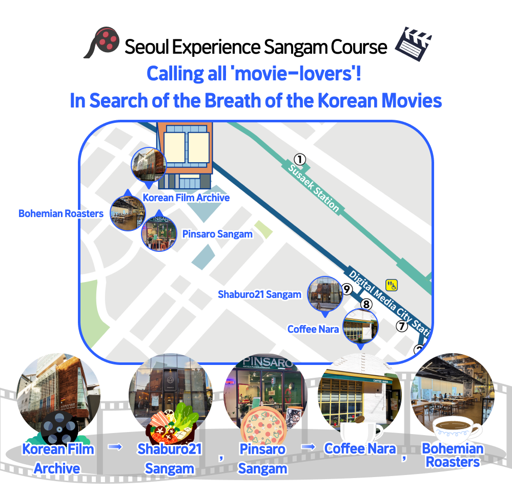 Seoul Experience Sangam Course Calling all 'movie-lovers'! In Search of the Breath of the Korean Movies. Korean Film Archive→Shaburo21, Pinsaro →Coffee Nara, Bohemian Roasters