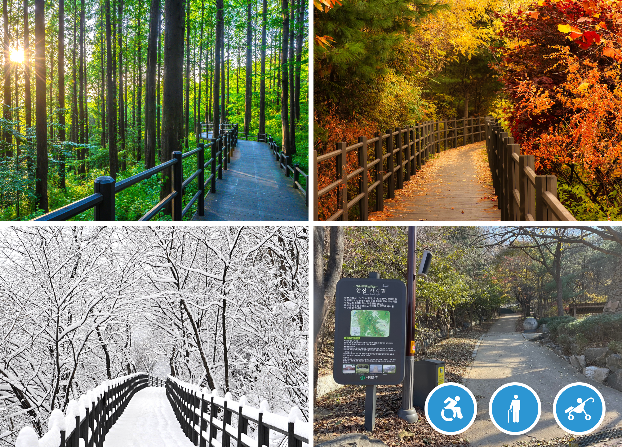 Top Left: Ansan Jarak-gil Trail Panoramic view, Top Right: Ansan Jarak-gil Trail and fall foliage, Bottom Left: Ansan Jarak-gil Trail in winter season, Bottome Right: Ansan Jarak-gil Trail Main Entrance and a Sign board