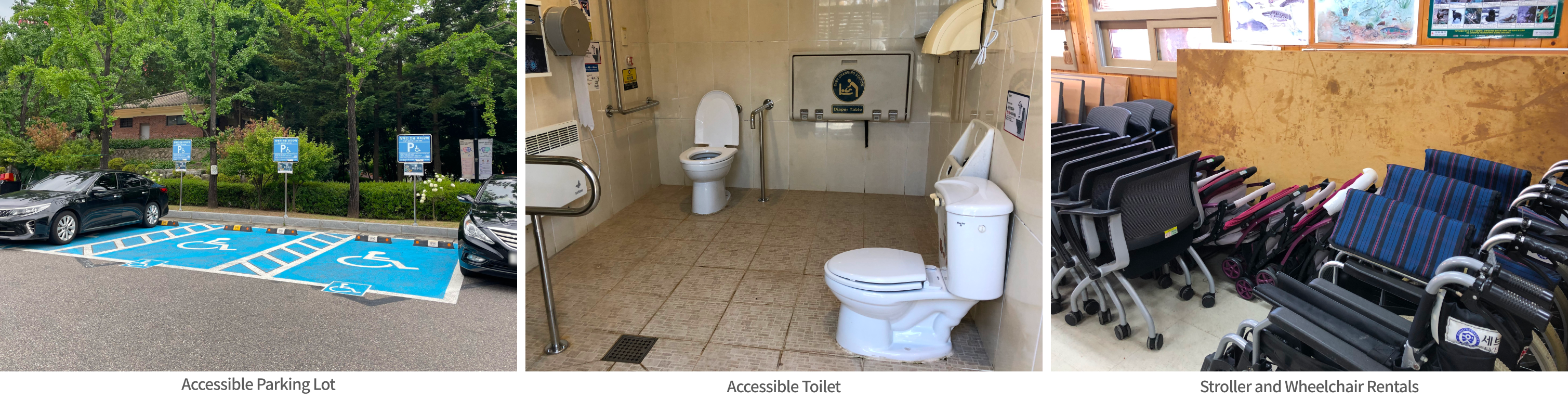 Left: Outdoor Accessible Parking Lot , Middle: Accessible Toilet Interior, Right: Stroller and Wheelchair Rentals in the information center