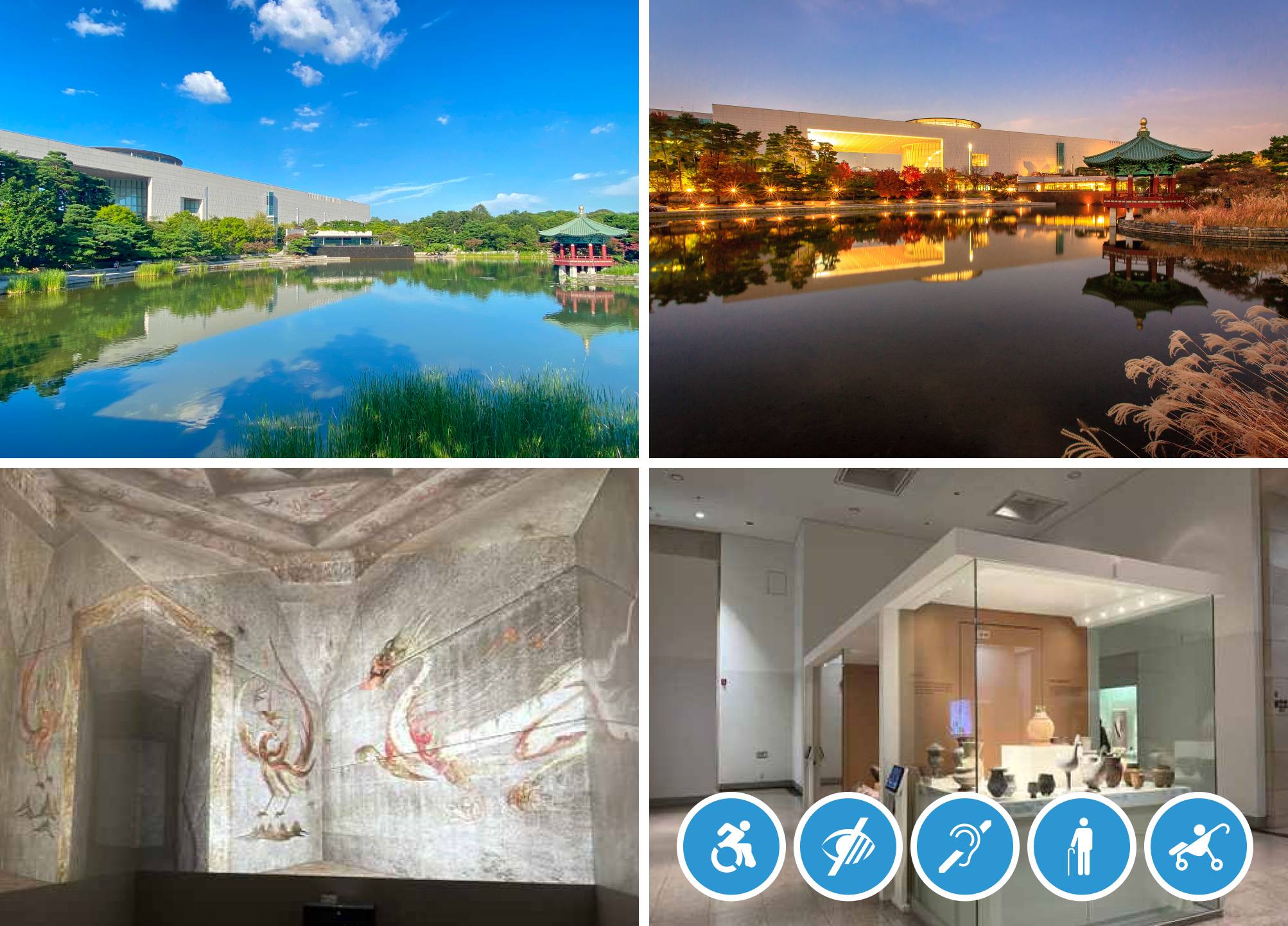 Top Left: National Museum of Korea Exterior Day View, Top Right: National Museum of Korea Exterior Night View, Bottom Left: National Museum of Korea Interior View, Bottom Right: National Museum of Korea Indoor Exhibit