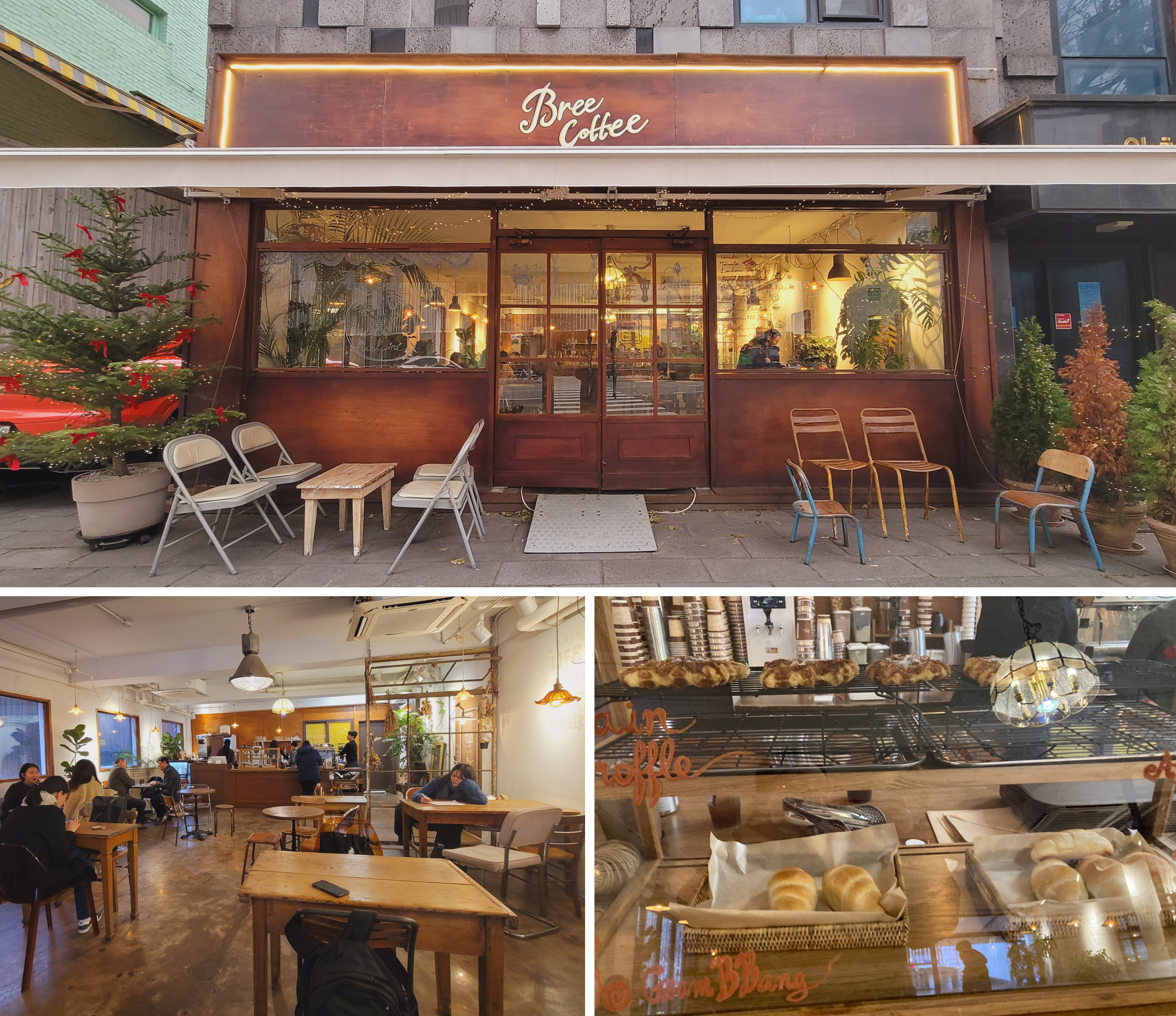 Top: Bree Coffee Exterior View and the accessible way, Bottom Left: Interior View, Bottom Right: Different types of bread displayed on the shelves