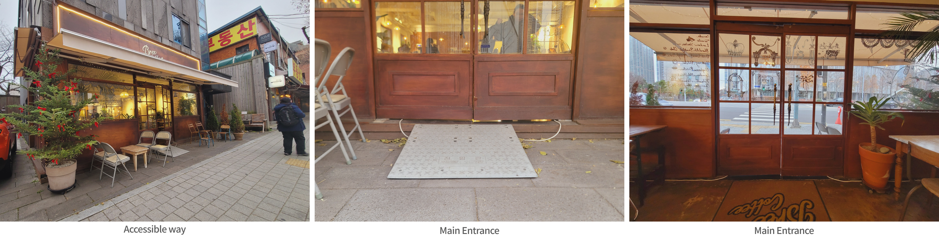 Left: Flat accessible way, Middle: Main Entrance with a ramp, Right: Main Entrance Interior