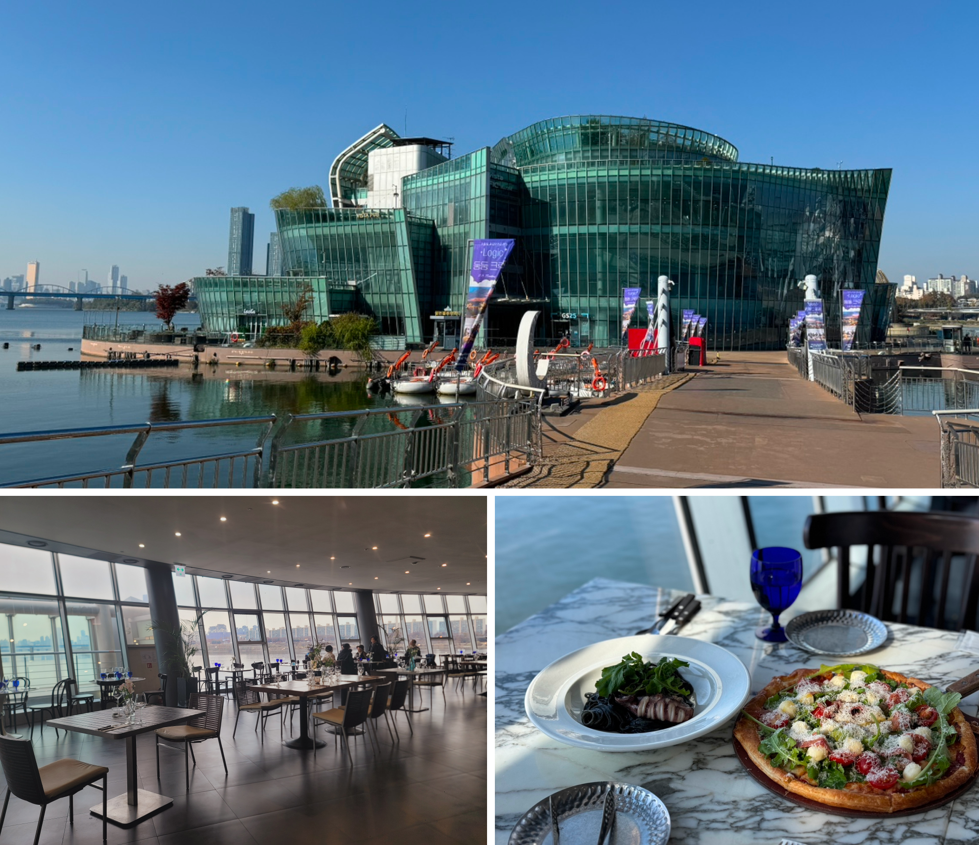 Top: Vista Restaurant Exterior View, Bottom Left: Vista Restaurant Interior View, Bottom Right: Vista Restaurant’s Pasta and Pizza Menu