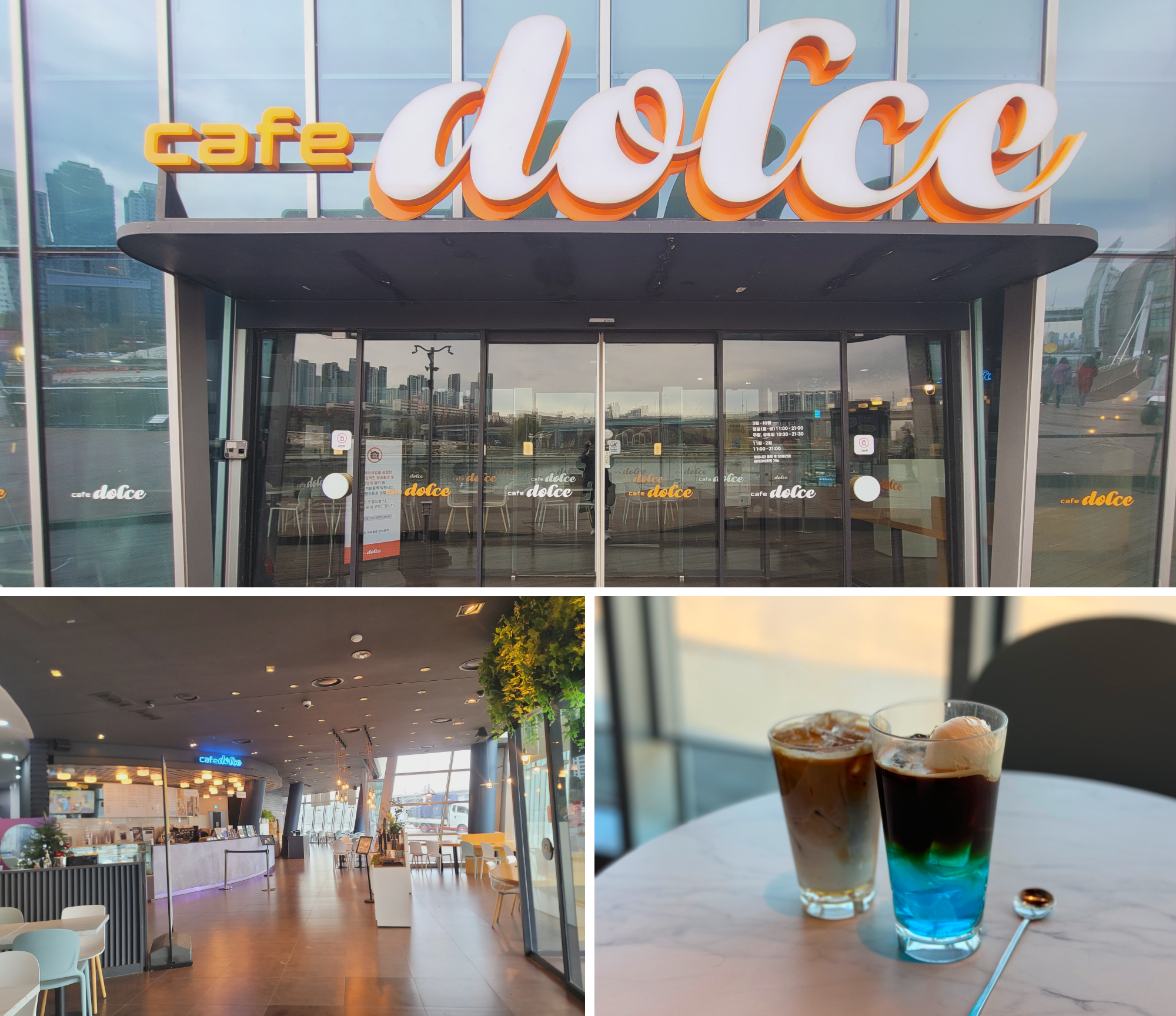 Top: Café Dolce Exterior View, Bottom Left: Café Dolce Interior View, Bottom Right: Coffee and Beverages