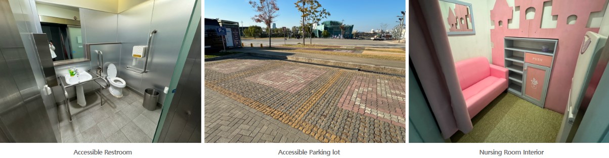 Left: Accessible Restroom, Middle: Accessible Parking lot, Right: Nursing Room Interior