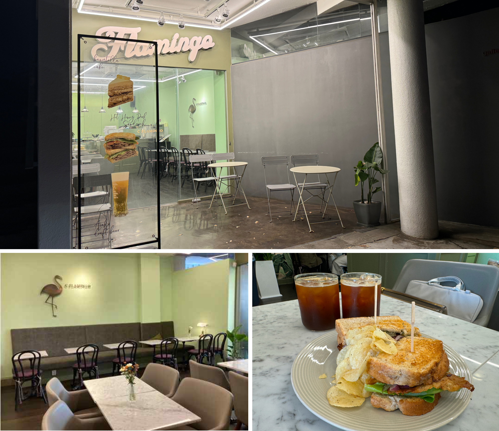Top: CFlamingo Exterior View, Bottom Left: CFlamingo Interior View, Bottom Right: CFlamingo Sandwich and Coffee