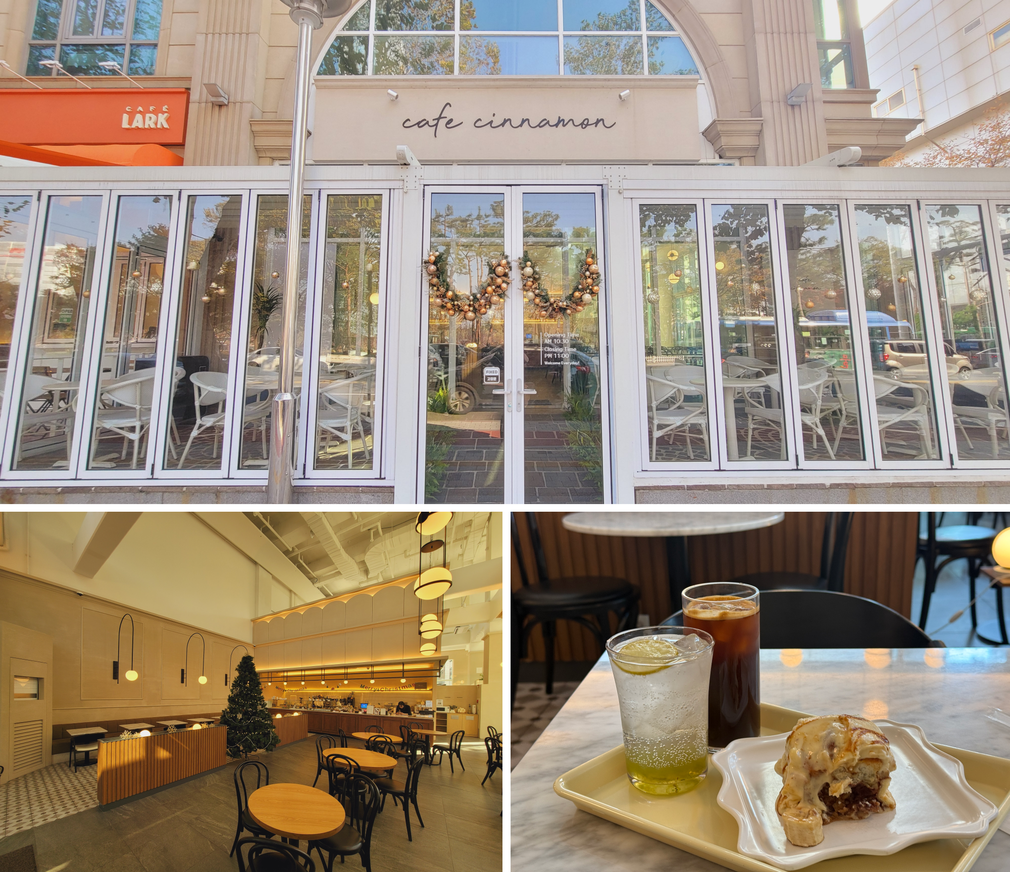 Top: Cafe Cinnamon Exterior View, Bottom Left: Cafe Cinnamon Interior View, Bottom Right: Cinnamon Roll and Ade, Americano