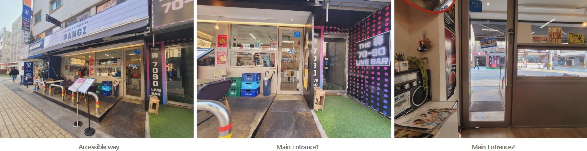 Left: Accessible Way free of steps or slopes, Middle: Main Entrance free of steps or slopes, Right: Main Entrance Interior View