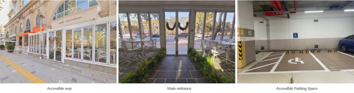 Left: Level Accessible Way with Braille Blocks, Middle: Wide Main Entrance free of slopes, Right: Accessible Parking Space for persons with disabilities