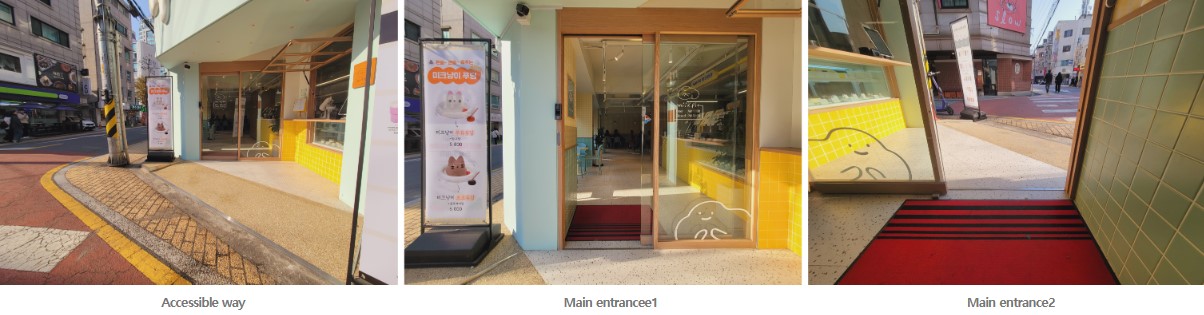 Left: Accessible Way free of slopes, Middle: Main Entrance with automatic doors, free of slopes or steps, Right: Main Entrance Interior View