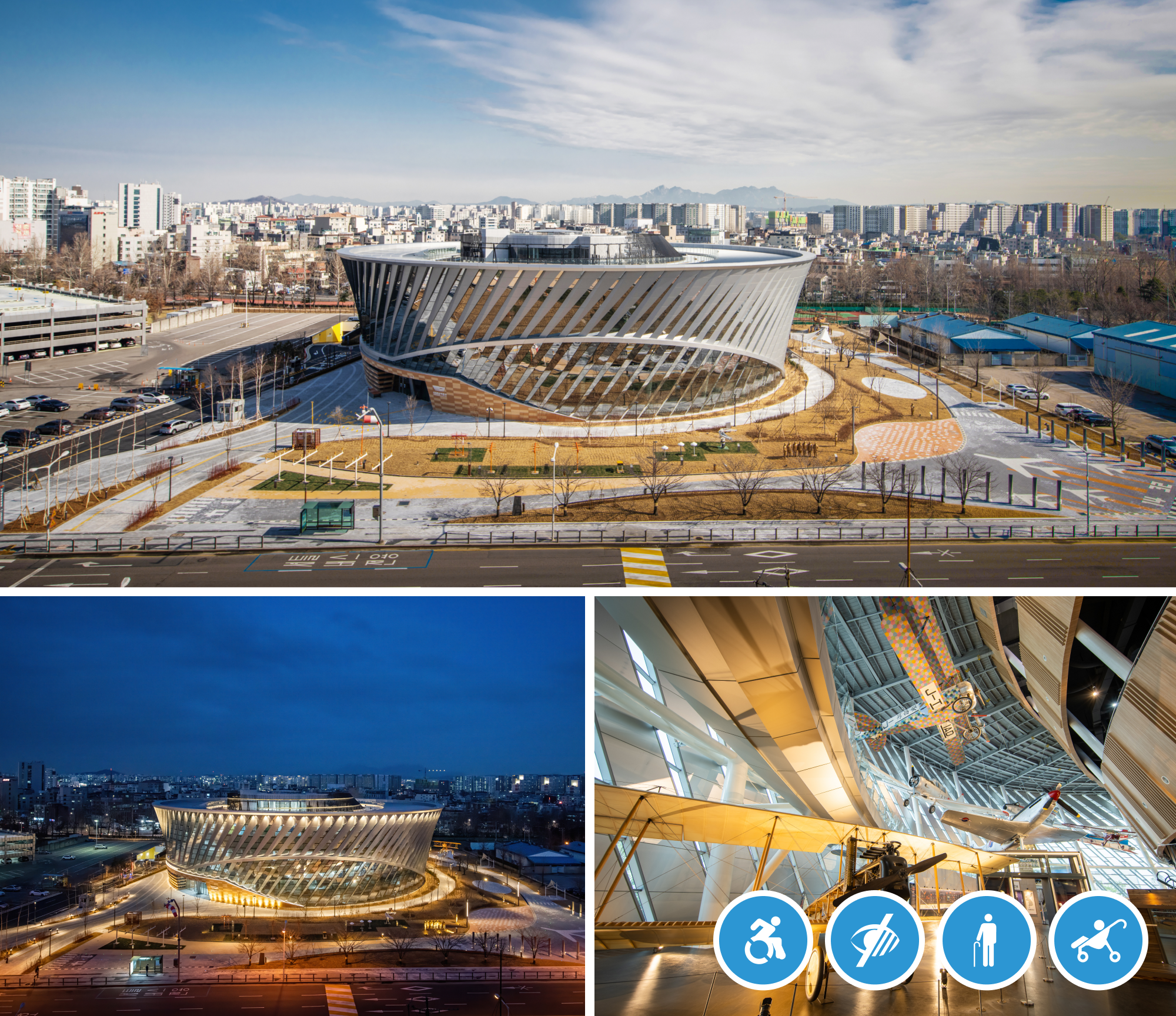 Top: National Aviation Museum of Korea Exterior View Bottom Left: National Aviation Museum of Korea Nightscape, Bottom Right: National Aviation Museum of Korea Indoor Exhibition