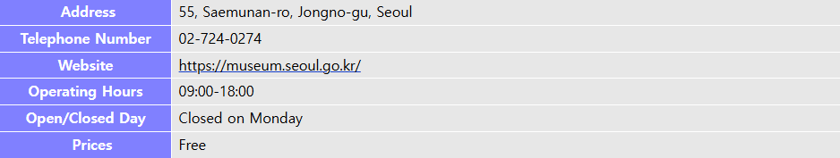 Address 55, Saemunan-ro, Jongno-gu, Seoul Telephone Number 02-724-0274 Website https://museum.seoul.go.kr/ Operating Hours 09:00-18:00 Open/Closed Day Closed on Monday Prices Free