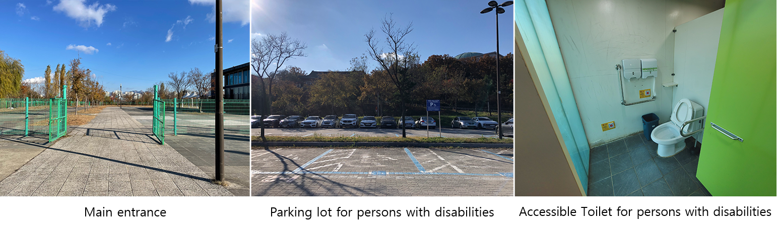 : First Photo: Main entrance with a gate. Second Photo: Overview of the accessible parking area. Third Photo: Interior of the accessible restroom.