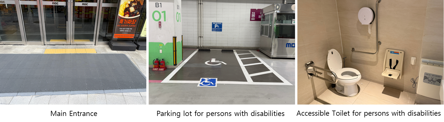 Left: Bohemian Roasters Main Entrance, Middle: Parking lot for persons with disabilities, Right: Accessible Toilet for persons with disabilities