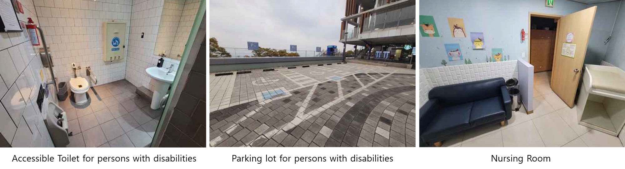 Left: Accessible Toilet Interior View, Middle: Parking lot for persons with disabilities, Right: Nursing Room Interior