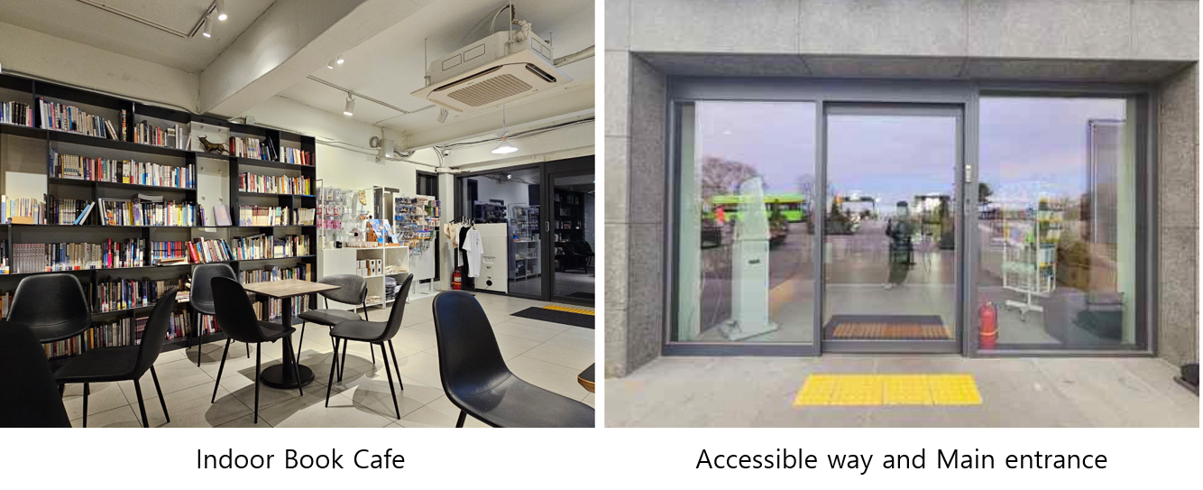 Left: Cafe I.O Indoor Book Cafe, Right: Cafe I.O Accessible way and Main entrance