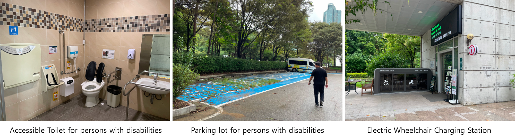 Left: Accessible Toilet Interior, Middle: Accessible parking space in the park, Right: Electric wheelchair rapid chargers at entrance