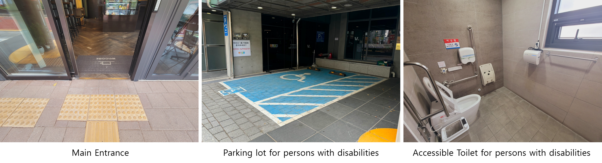 Left: Braille blocks for persons with visual impairment on the main entrance, Middle: Accessible Parking Space, Right: Accessible Toilet Interior