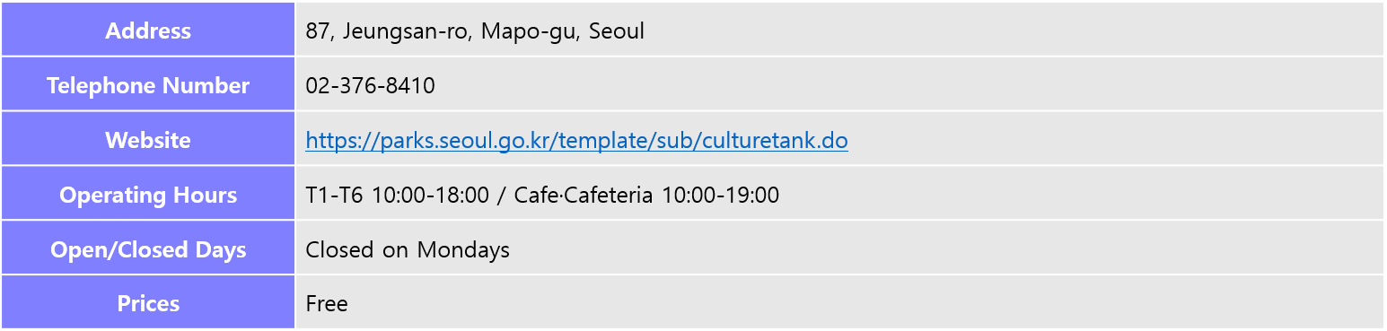 Address: 87, Jeungsan-ro, Mapo-gu, Seoul, Telephone Number: 02-376-8410, Website:https://parks.seoul.go.kr/template/sub/culturetank.do, Operating Hours: T1-T6 10:00-18:00 / Cafe·Cafeteria 10:00-19:00, Open/Closed Day: Closed on Mondays, Prices: Free
