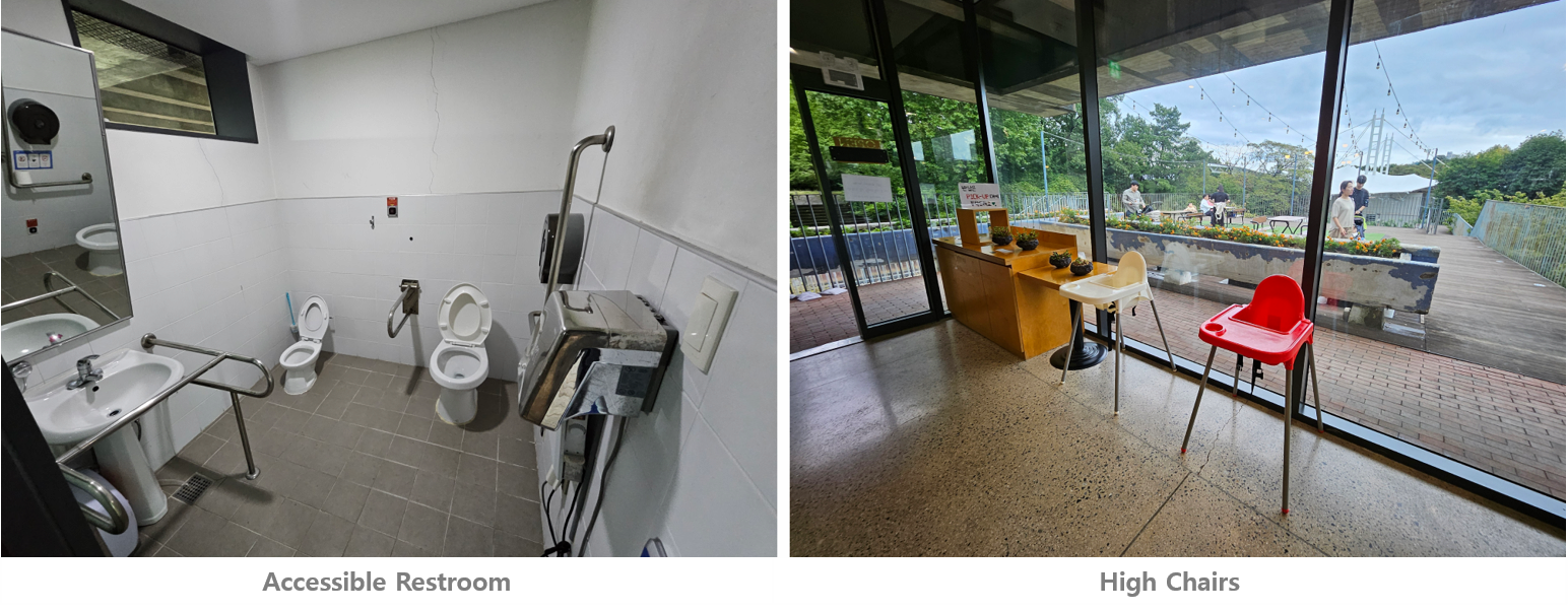 First Photo: Interior View of the Accessible Restroom, Second Photo: High Chairs